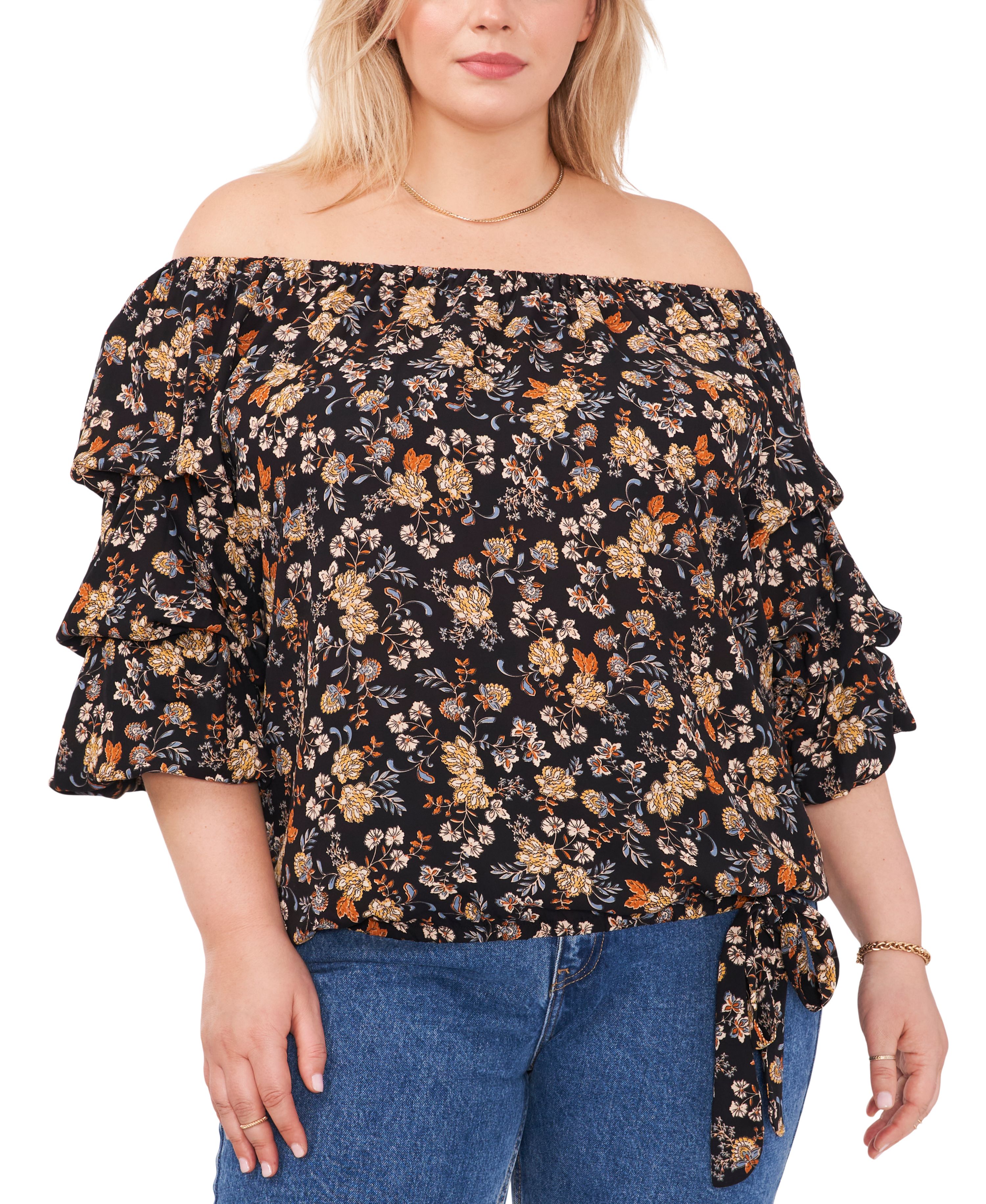 Plus Size Printed Off-The-Shoulder Balloon-Sleeve Blouse Rich Black 1X